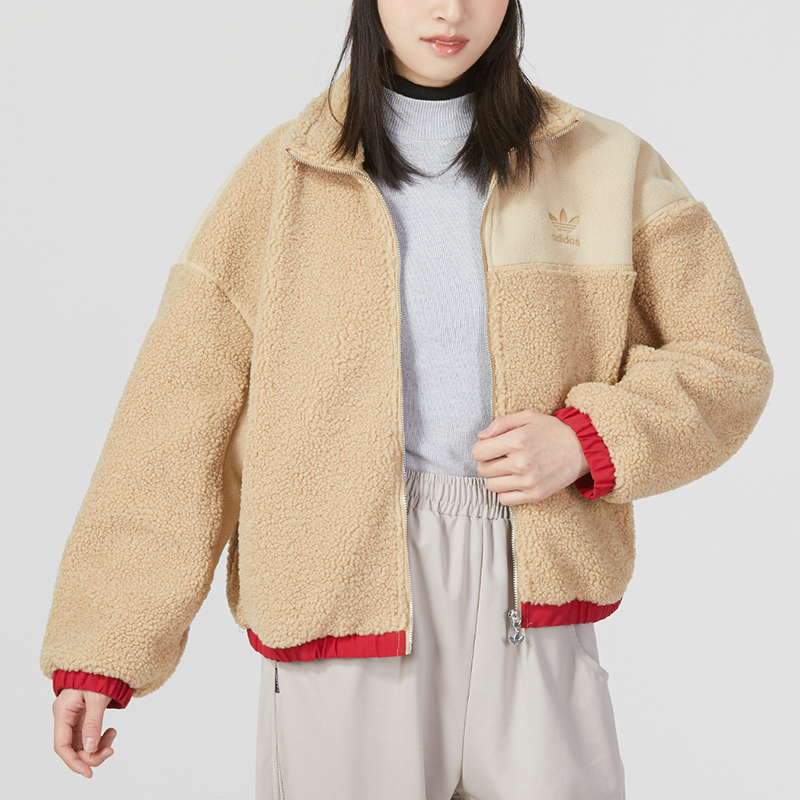 adidas阿迪达斯三叶草女子外套兔年新年款仿羊羔绒运动夹克HY7277