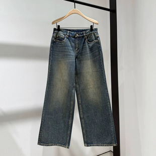 2025冬新品怀旧靛蓝棉质渐变烫钻中高腰直筒牛仔裤MBE4JEN015