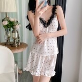 套装 春夏季 吊带短裤 冰丝薄款 甜美宽松丝绸家居服带胸垫 睡衣女新款