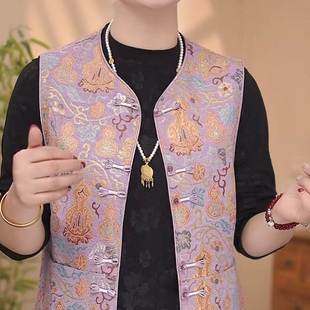 新中式国风刺绣马甲女中老年盘扣坎肩春秋洋气妈妈装复古圆领马夹