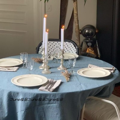 雾霭蓝桌布纯色日式简约亚麻风餐桌垫布棉麻圆茶几垫拍照桌台布垫