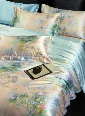 高档40姆米真丝印花被套丝滑桑蚕丝冰丝单双人1.5x2.0米丝绸被罩