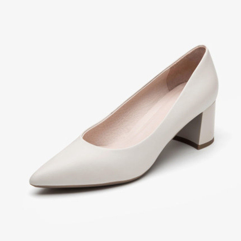 2025春新款真皮尖头奶奶鞋女软皮百搭浅口法式粗跟高跟单鞋56802