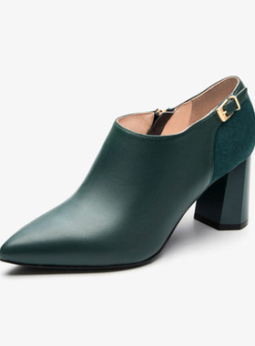 2024秋冬新款时尚优雅真皮高跟鞋女拉链尖头粗跟裸靴短靴子71604