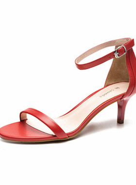 2025夏季新款真皮猫跟高跟鞋女红色细跟一字扣百搭露趾凉鞋 60789