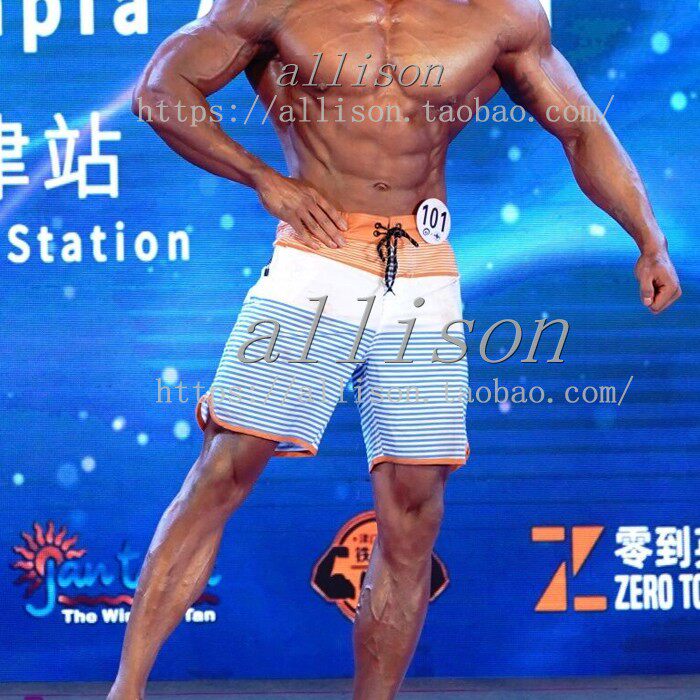男士健体比赛沙滩裤速干 齐膝五分裤宽松冲浪裤 夏季中裤桔色短裤