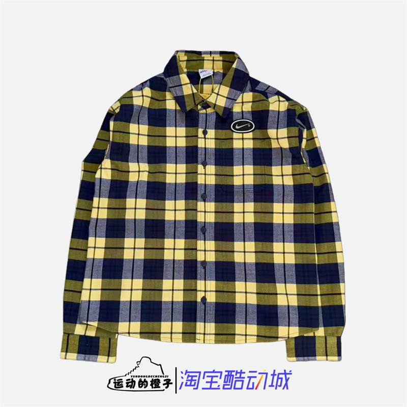 Nike耐克外套男新款长袖运动休闲格子上衣翻领衬衫夹克HV0257-410