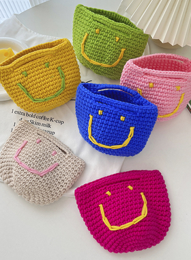 新款日韩甜美可爱针织笑脸手提迷你小包洋气女童款手工编织手提包