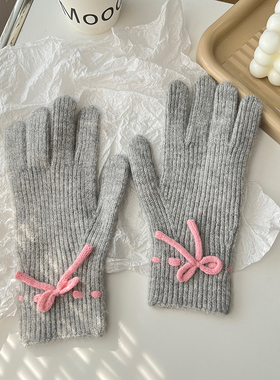 含羊毛针织蝴蝶结手套女学生可爱韩版秋冬骑行保暖潮韩国露指灰色