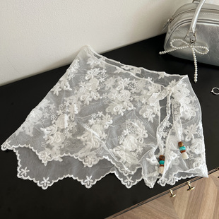 设计感串珠系带蕾丝屁帘不规则叠穿网纱裙帘下摆显瘦短裙半身裙女