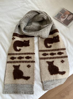 卡其猫咪提花针织保暖围巾女秋冬季百搭韩版学生围脖骑行防寒护颈