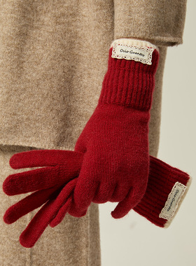 冬季羊毛混纺针织手套女韩版蕾丝花边五指骑行保暖防风露指可触屏