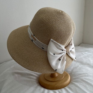 显脸小草帽女夏季 优雅蝴蝶结大檐防晒沙滩帽海边度假可折叠遮阳帽
