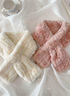 粉色白色獭兔毛围巾女冬季护颈韩国软糯毛绒保暖毛领气质交叉围脖