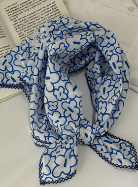 蓝色印花小方巾夏天薄款棉质护颈装饰领巾网红穿搭时髦搭配头巾女