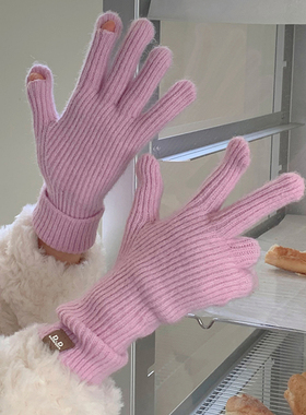 浅紫色针织手套冬天柔软软糯保暖手套女2024新款分指露指触屏长款