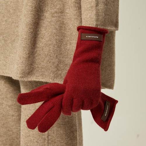 高定浣熊毛纯色针织手套