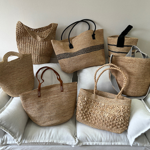 天然拉菲草手工编织包女夏季 百搭通勤度假风沙滩草包托特包水桶包