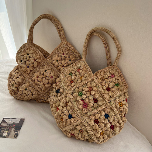 天然拉菲草手工钩花草编包大容量
