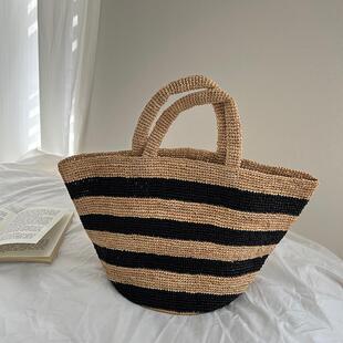 法式 复古条纹沙滩包手提包菜篮子纯天然100%拉菲草手工编织包包女