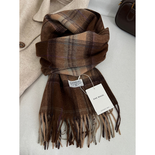 高级感棕咖色100%澳洲羊毛格纹围巾女秋冬季保暖百搭情侣围脖披肩