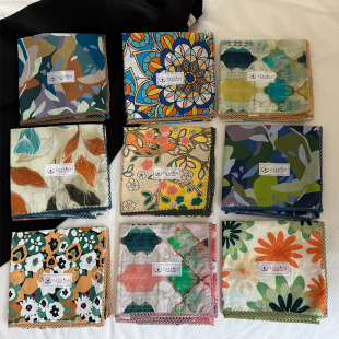 欧美风复古印花棉质小方巾领巾女春夏薄款 饰护颈小围巾嘻哈头巾 装