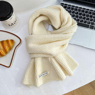 韩国ins小布标坑条围巾女冬季 保暖百搭学生情侣网红针织围脖男潮