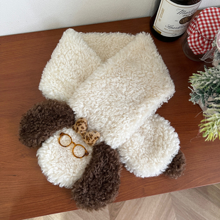 可爱小狗毛绒围巾女秋冬季 学生保暖防寒护颈交叉毛毛围脖2026新款