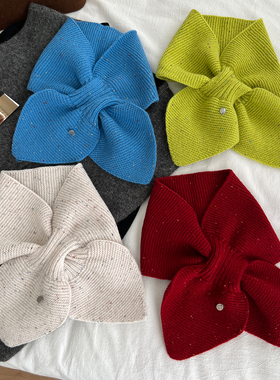 彩点纱线100%羊毛交叉小围巾女秋冬保暖韩系混色针织护颈围脖蓝色