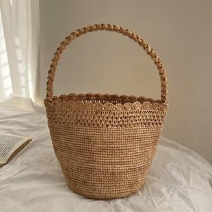 100%拉菲草手编包女包法式 镂空花边水桶包腋下包手拎菜篮子沙滩包