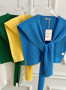 韩国ins博主推荐款~蓝色叠穿小披肩经典绞花针织外搭时髦打结坎肩