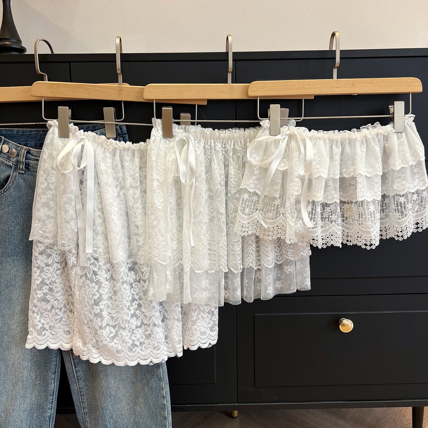 纯欲法式蝴蝶结系带蕾丝屁帘女春夏新款叠穿半身裙牛仔裤遮臀短裙