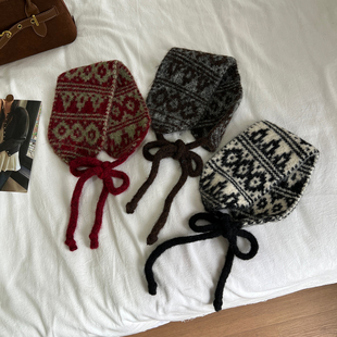 复古费尔岛风包头护耳罩女冬季保暖针织系带小围巾护颈围脖多功能