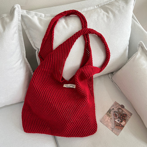 红色针织网眼镂空编织包女手提袋