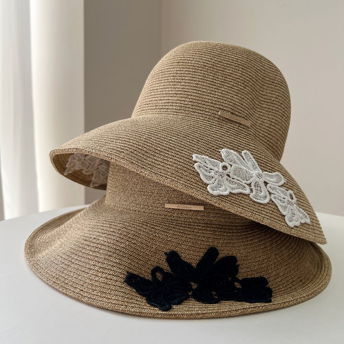 法式手工蕾丝花朵草编渔夫帽草帽