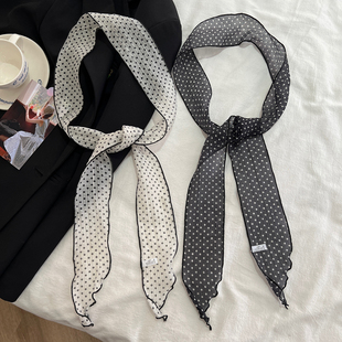 法式黑白波点长条丝巾女春夏高级感小领巾细窄围脖搭配长飘带颈饰