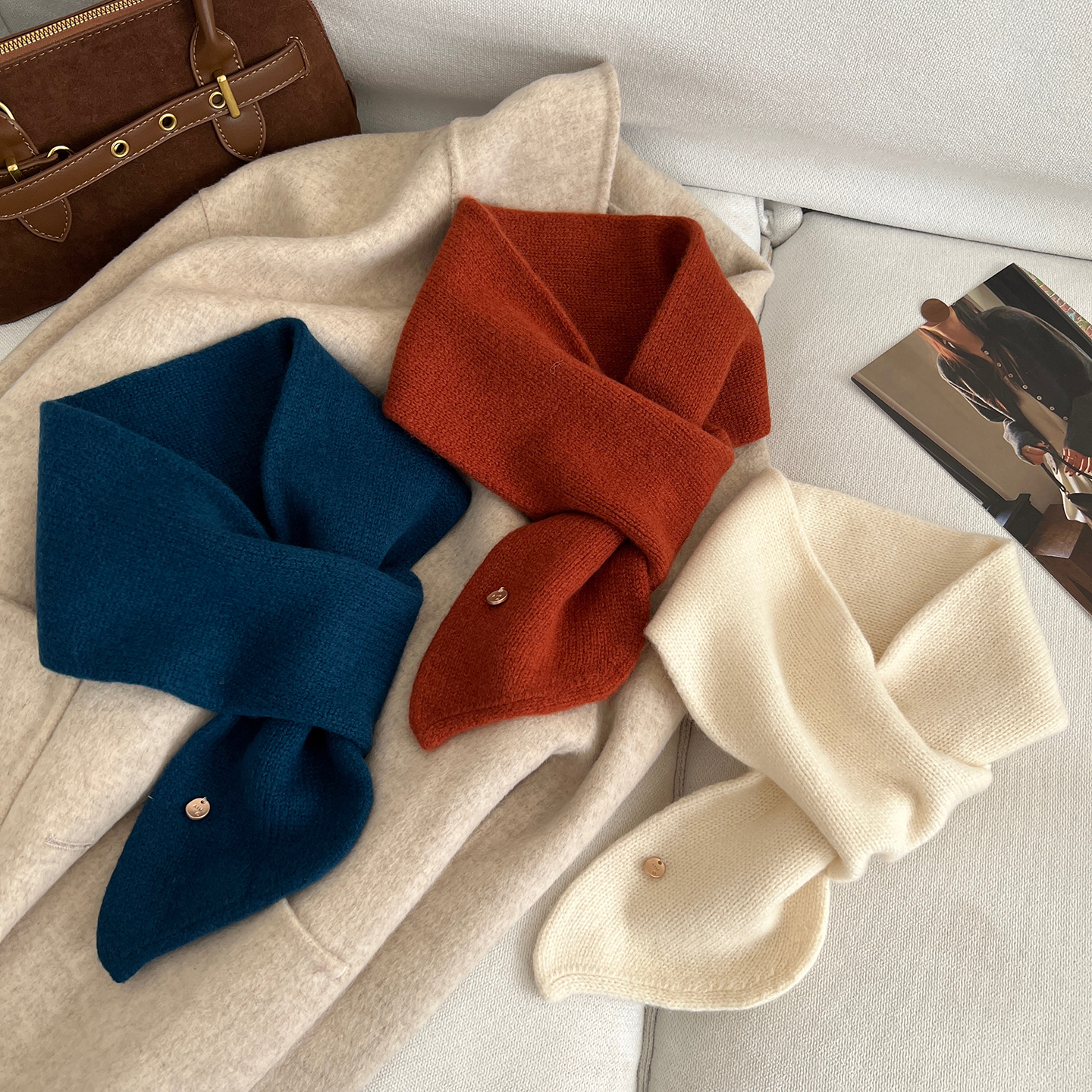 提气色100%羊毛交叉懒人小围巾女