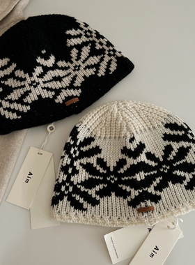 100%羊毛复古提花针织冷帽韩系保暖毛线帽子女秋冬户外防寒包头帽