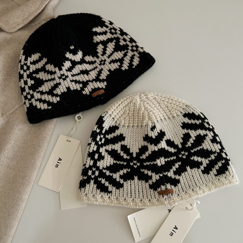 100%羊毛复古提花针织冷帽毛线帽