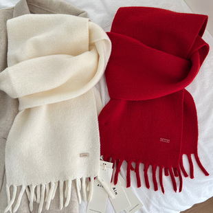 韩系时髦100%纯羊毛流苏围巾女秋冬加厚保暖纯色百搭围脖显白红色