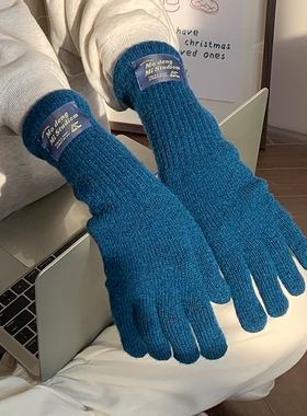 自留款蓝色韩国羊毛混纺针织手套女冬天防风保暖五指骑行手套ins