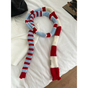 红白蓝条纹细窄腊肠小围巾女秋冬复古时髦凹造型装饰长条针织围脖