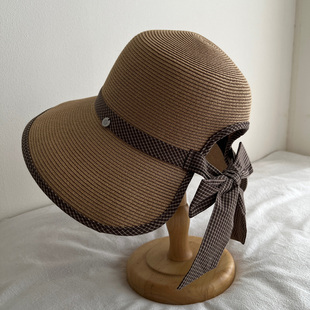 日本大檐遮阳帽可扎马尾蝴蝶结草帽女夏季 出游防晒帽可折叠沙滩帽