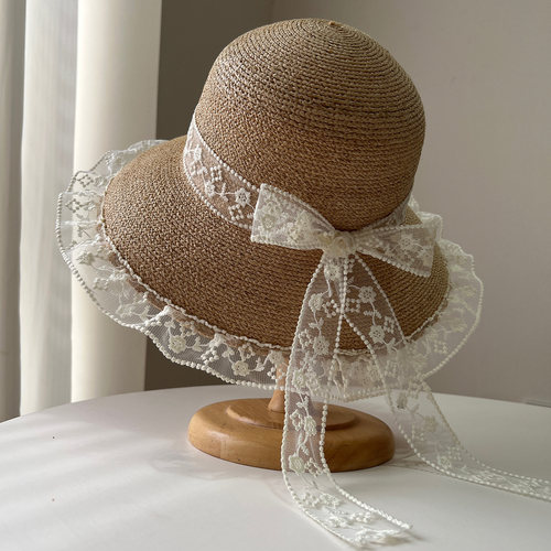 手工钩针拉菲草大檐草帽女夏季