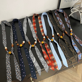 时髦复古印花串珠丝巾项链女春夏季 百搭可调节布艺锁骨链毛衣配饰