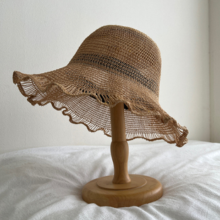 夏日新款 出游可折叠盆帽 花边镂空遮阳草帽轻薄透气渔夫帽子女夏季