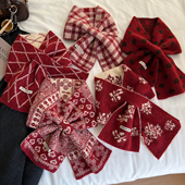 圣诞氛围感红色交叉围脖女冬季 保暖软糯百搭费尔岛提花针织小围巾