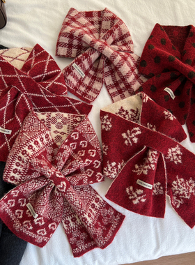 圣诞氛围感红色交叉围脖女冬季保暖软糯百搭费尔岛提花针织小围巾