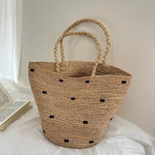 拉菲草编包女2026夏季 复古波点托特包大容量度假风手提单肩包 法式