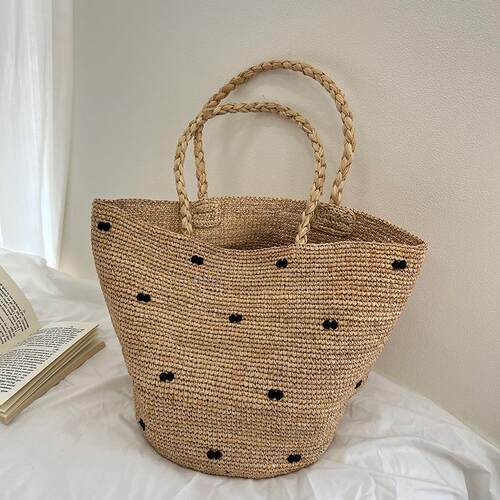 法式复古波点拉菲草编包女